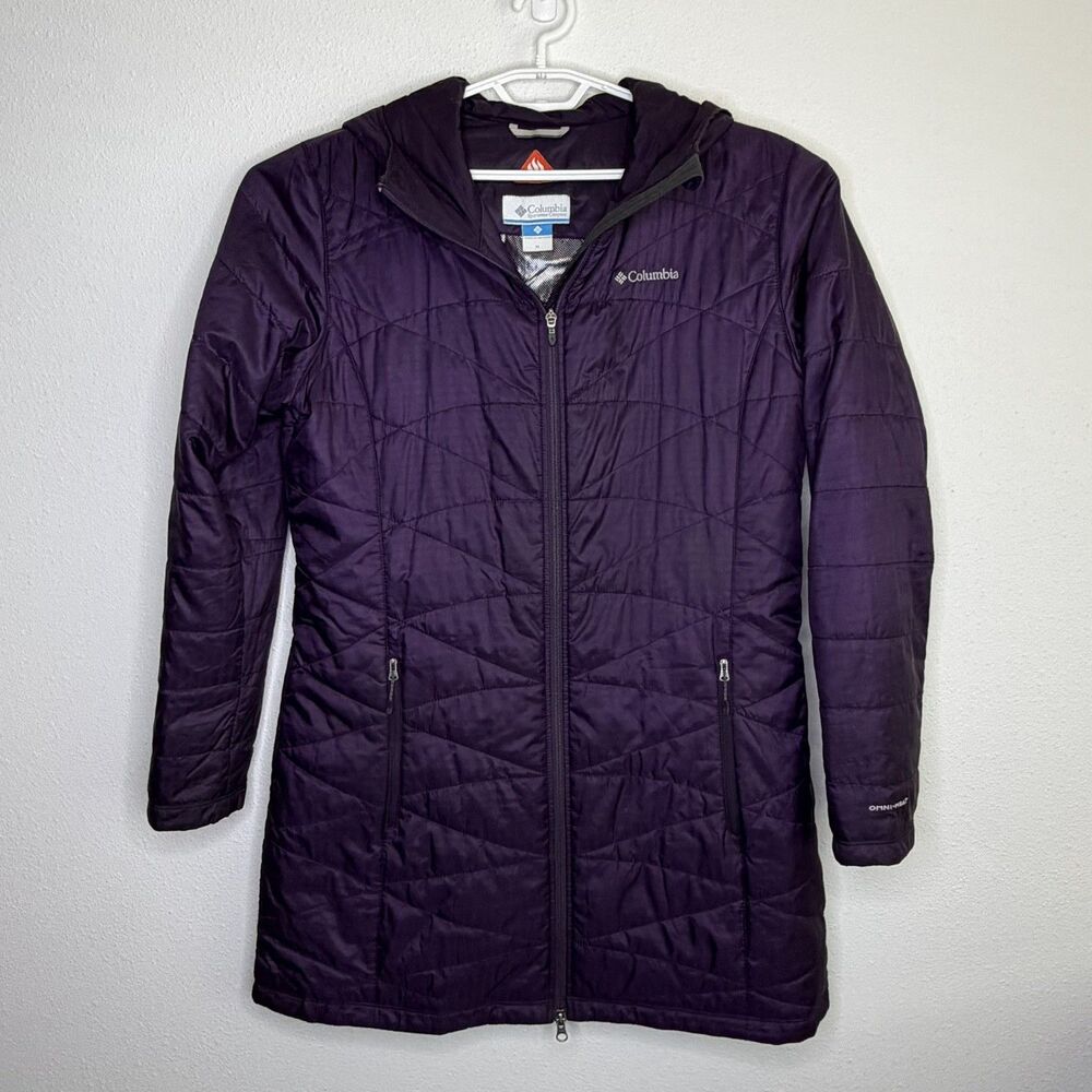 Columbia Omni-Heat Winter Coat Women’s XL Purple Hooded Quilted Long Jacket